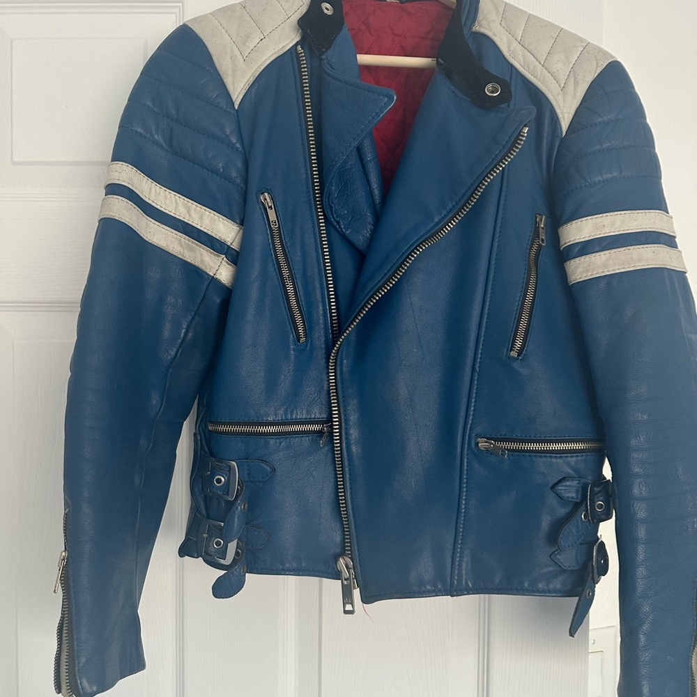 Original retro 1970’s  Blue and White Leather bike Jacket. Size Small.